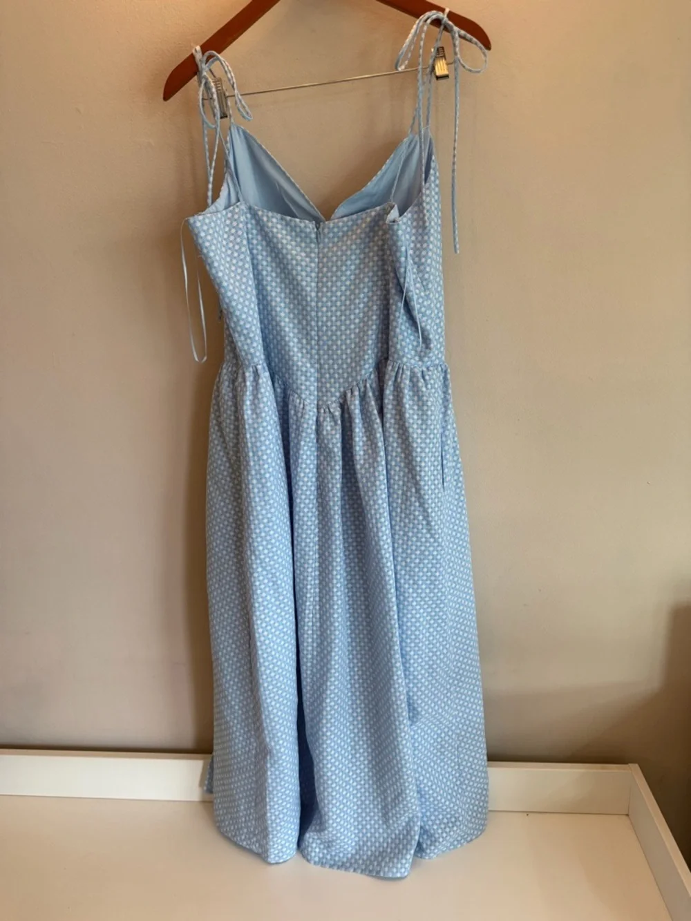 Lena Light Blue White Geometric Print Tie Strap Midi Dress XL Womens - Picture 5 of 6